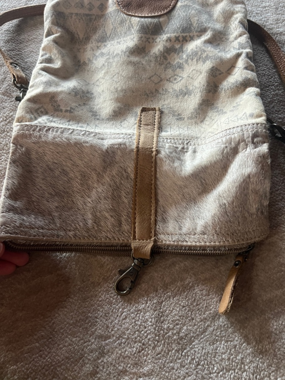 Myra Neutral Patterned Canvas Crossbody Bag with cowhide Trim - Picture 5 of 8